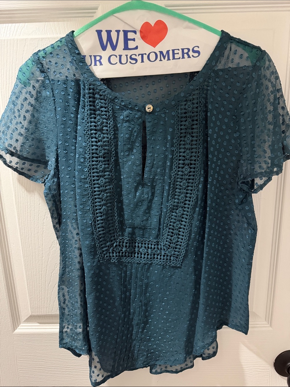 Anthropologie Meadow Rue Teal Swiss Dot Crochet-Trim Blouse